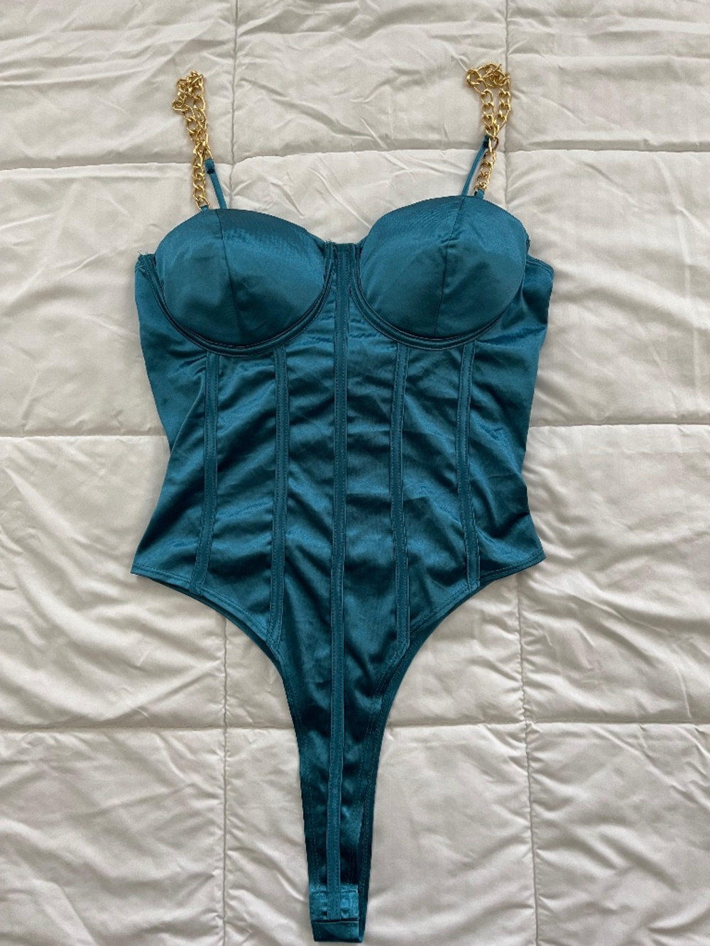 Kaylee Kollection Teal Satin Bodysuit L Gold Chain Strap NWT